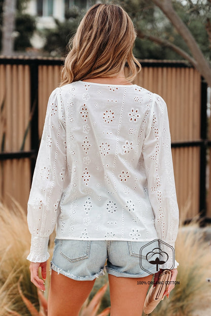 White Eyelet Embroidered Smocked Cuff Sheer Blouse