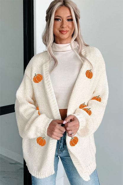 White Pumpkin Print Open Front Drop Shoulder Midi Cardigan - Viraxa
