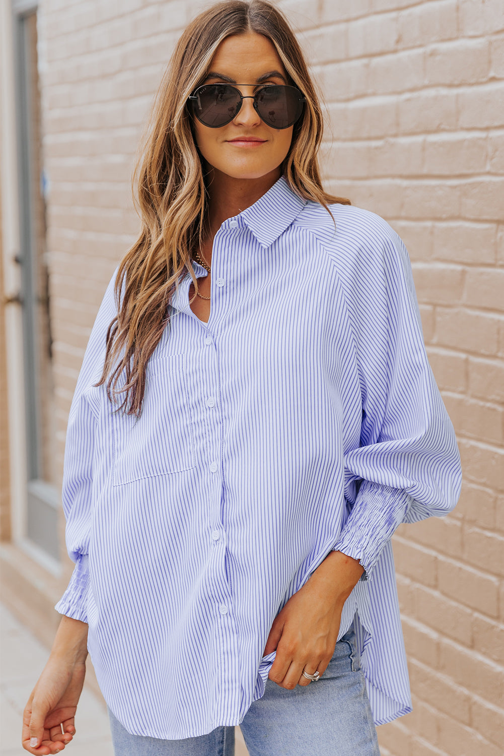 Sky Blue Smocked Cuffed Striped Boyfriend Shirt with Pocket - Viraxa