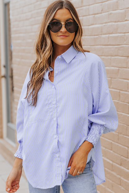 Sky Blue Smocked Cuffed Striped Boyfriend Shirt with Pocket - Viraxa