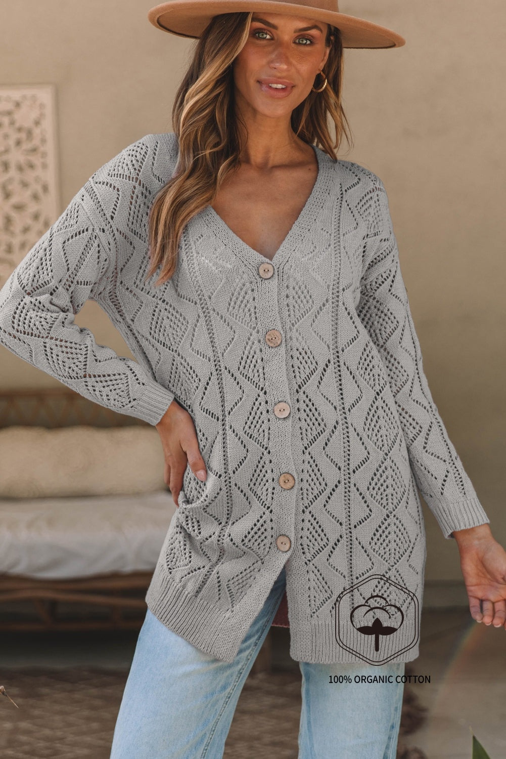 Gray Hollow-out Openwork Knit Cardigan