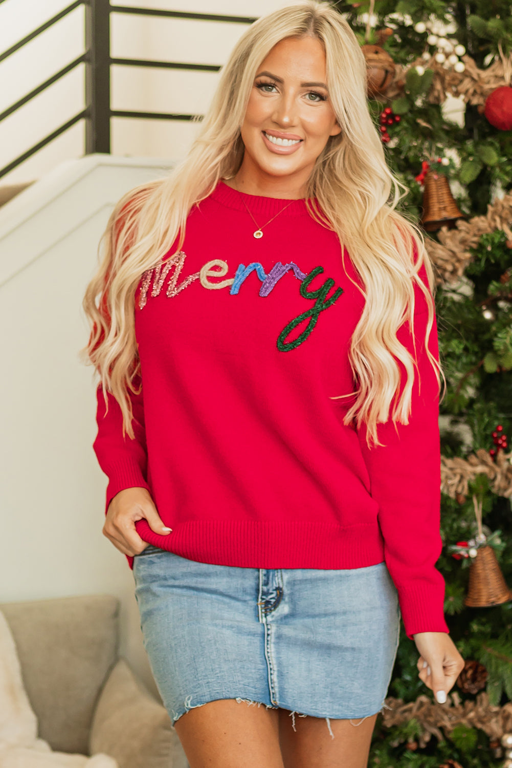 Fiery Red Tinsel Merry Letter Drop Shoulder Baggy Sweater - Viraxa