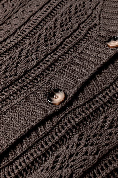 Dark Khaki Open Knit Drop Shoulder Sweater Cardigan - Viraxa