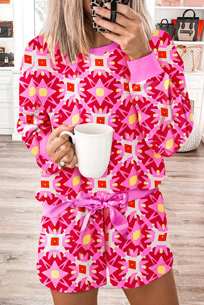 Sachet Pink Geometric Print Long Sleeve Top and Drawstring Shorts Set - Viraxa