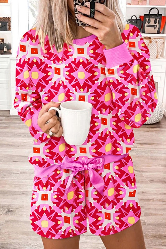Sachet Pink Geometric Print Long Sleeve Top and Drawstring Shorts Set - Viraxa