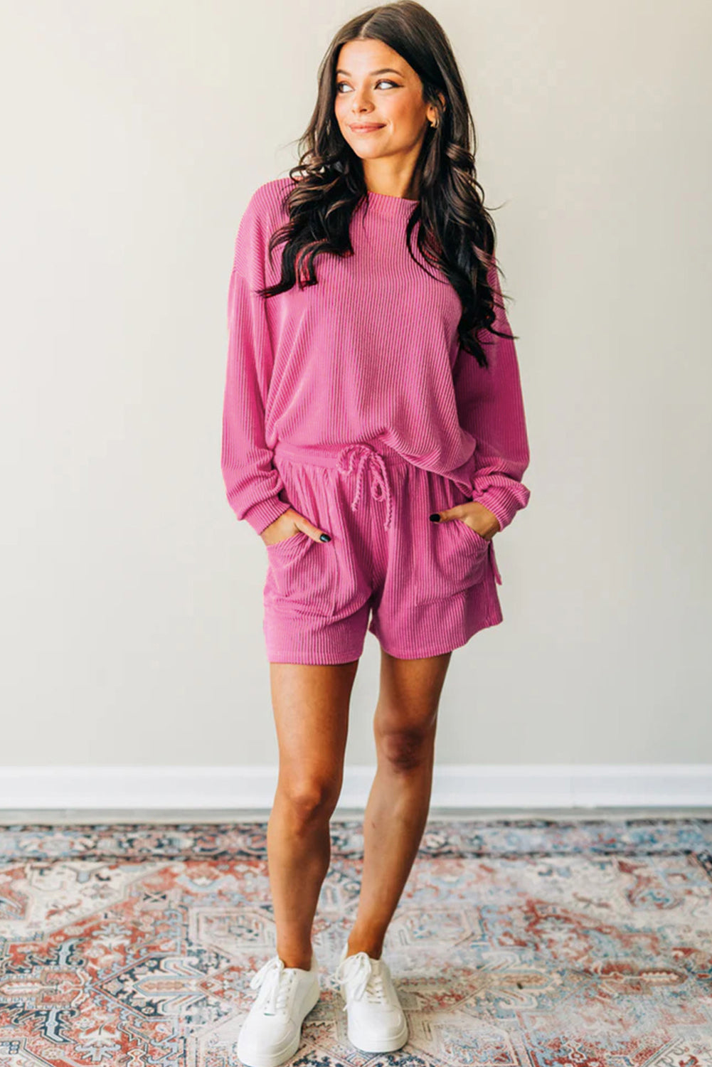 Strawberry Pink Corded Textured Long Sleeve Top and Shorts Set - Viraxa