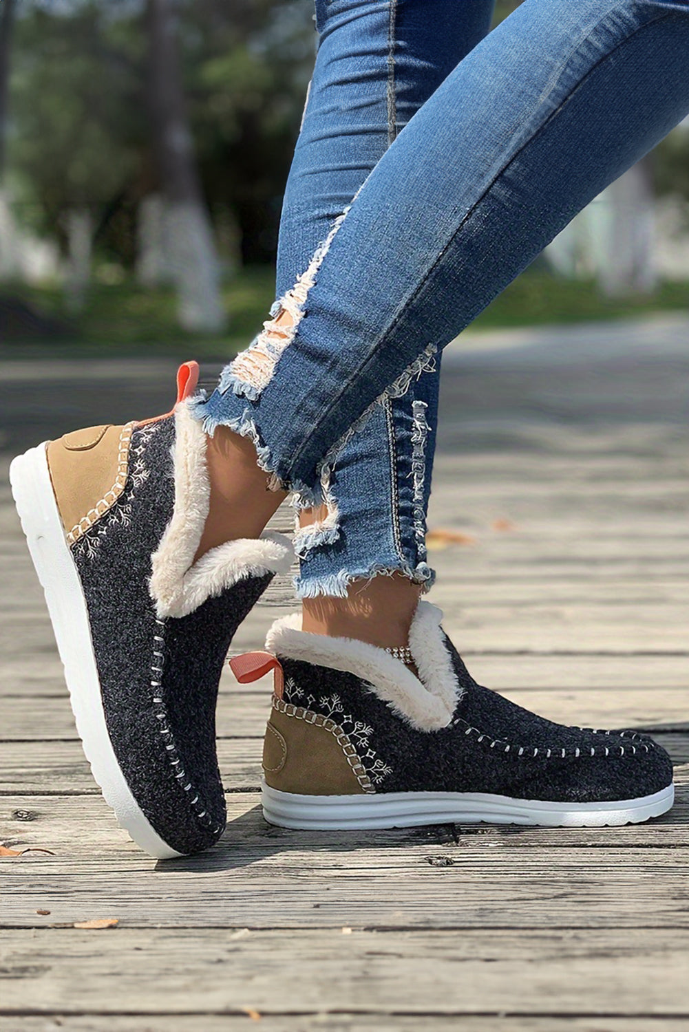 Carbon Grey Suede Stitching Patchwork Plush Lined Anklet Boots - Viraxa