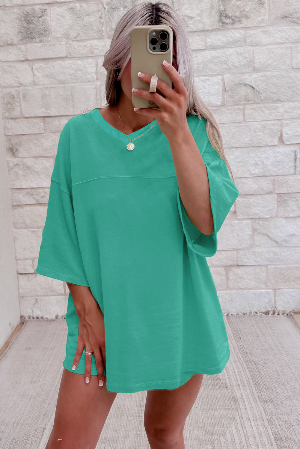 Sea Green Solid Loose V Neck Half Sleeve Tee and Shorts - Viraxa