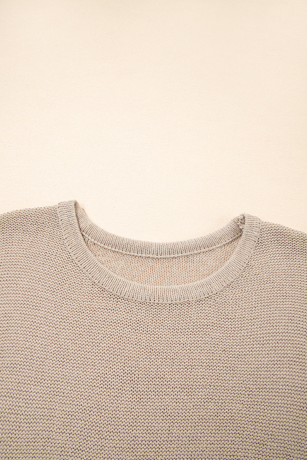 Beige Shiny Knitted Short Sleeve Drop Shoulder Sweater - Viraxa