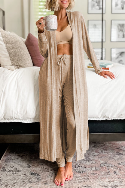 Parchment Split Long Cardigan and Skinny Pants Lounge Set - Viraxa