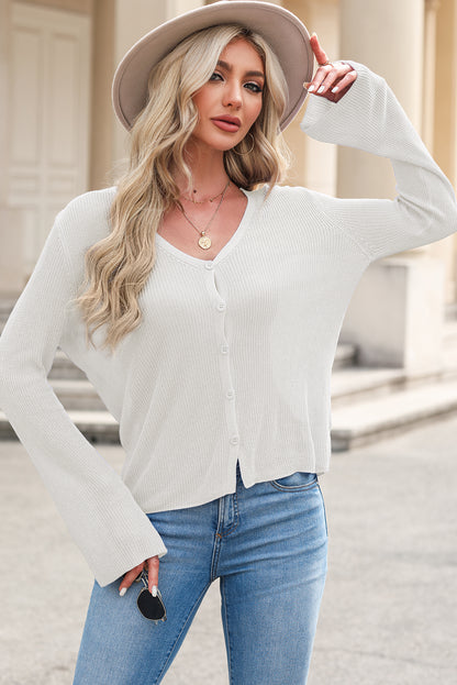 White Lightweight V Neck Button Front Bell Sleeve Cardigan Sweater - Viraxa