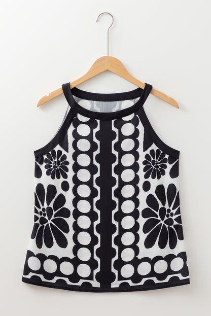 Black Abstract Dot Flower Print Tank Top - Viraxa
