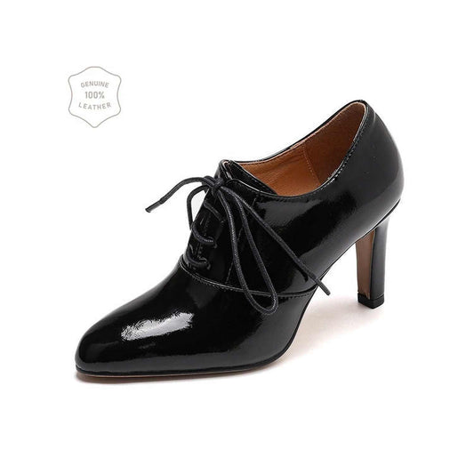 High Heel Lace-up Authentic Leather British Style Pointed Leather Shoes Mid Heel Loafers (Kopia) (Kopia) (Kopia) - Viraxa