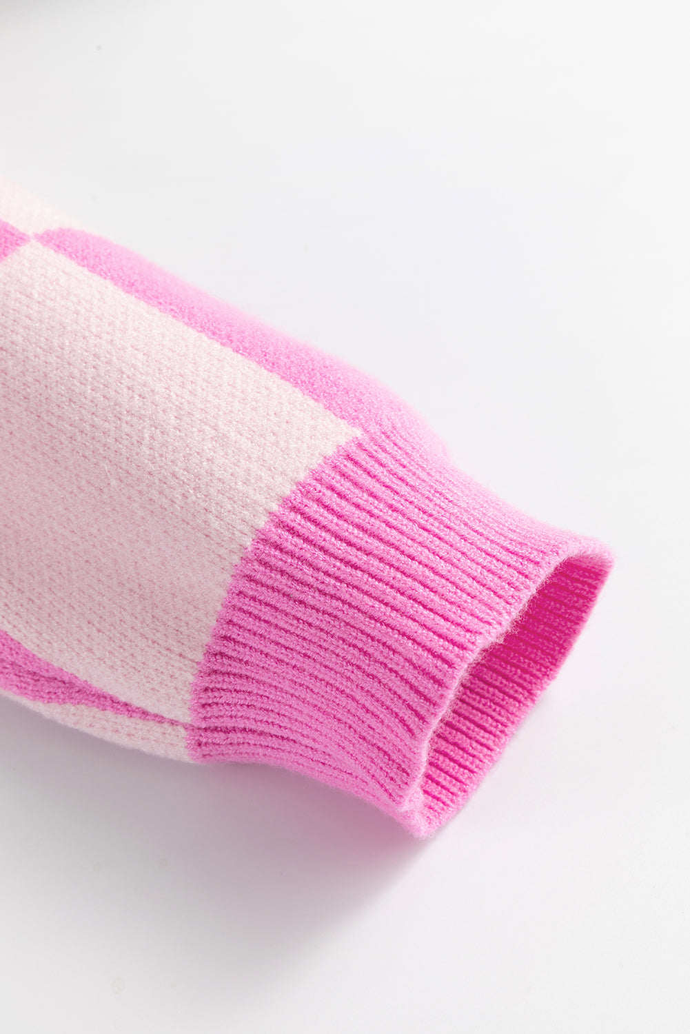 Pink Checkerboard Half Button Collared Drop Shoulder Sweater - Viraxa