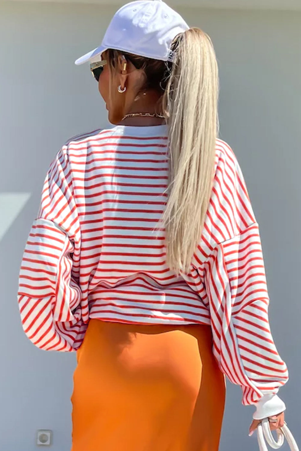 Orange Stripe Drop Shoulder Crew Neck Loose Sweatshirt - Viraxa