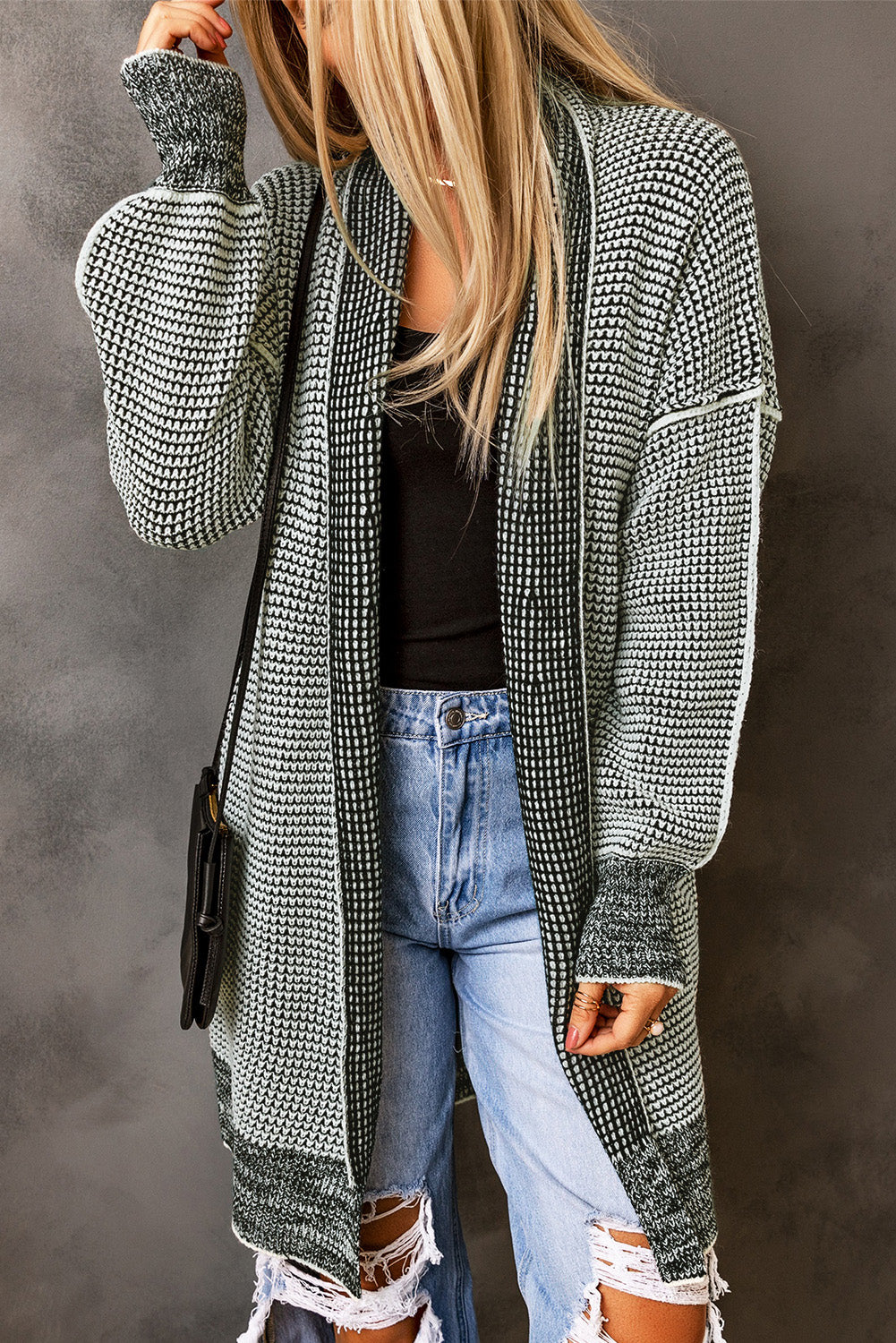Gray Plaid Knitted Long Open Front Cardigan - Viraxa
