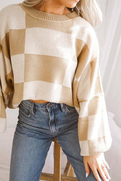 Khaki Checkered Bishop Sleeve Sweater - Viraxa