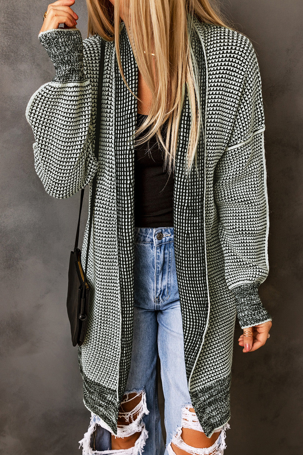 Gray Plaid Knitted Long Open Front Cardigan - Viraxa