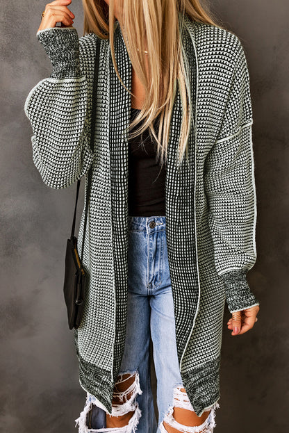 Gray Plaid Knitted Long Open Front Cardigan - Viraxa