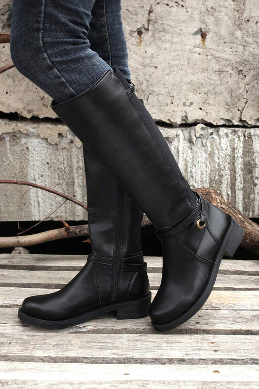 Black Side Zipper Knee High Chunky Low Heel Boots - Viraxa