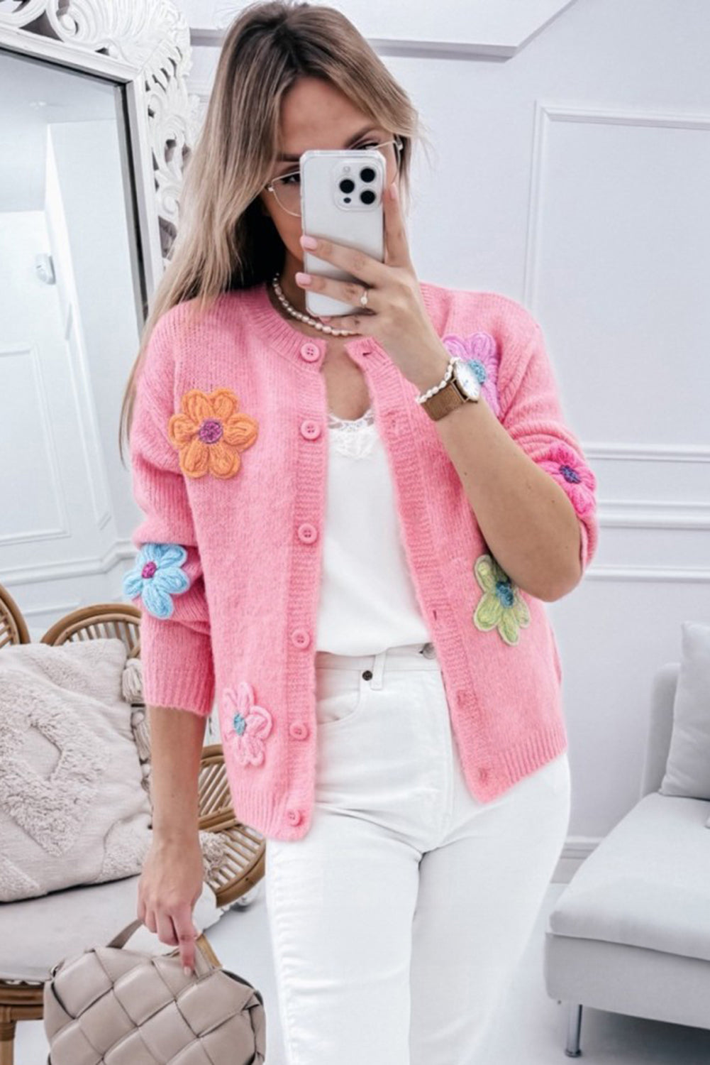 Pink Cute Knitted Floral Pattern Button Up Cardigan - Viraxa