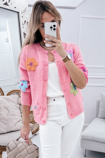 Pink Cute Knitted Floral Pattern Button Up Cardigan - Viraxa