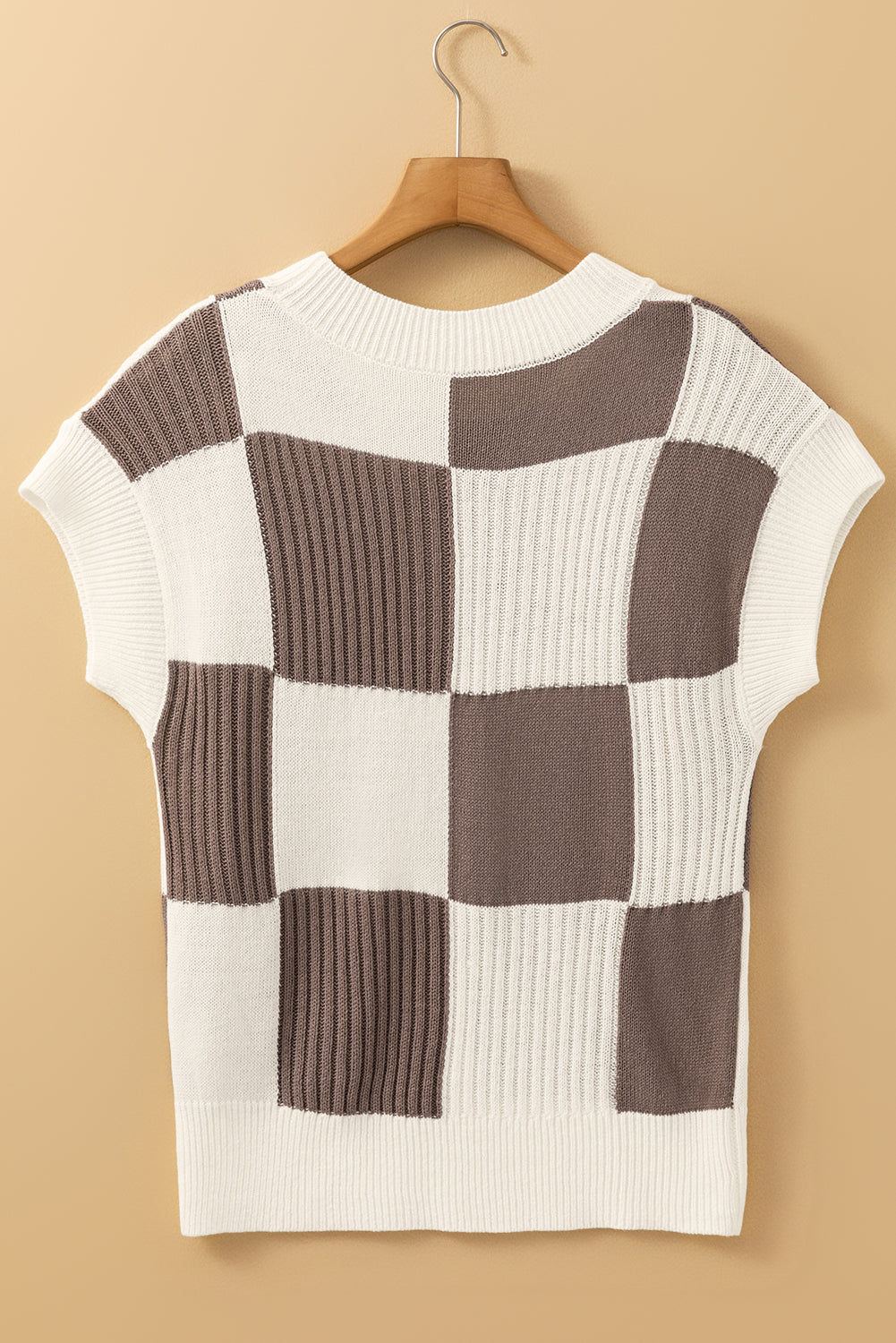 Khaki Checkered Color Block Crew Neck Short Sleeve Sweater - Viraxa