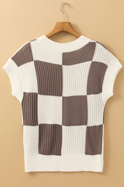 Khaki Checkered Color Block Crew Neck Short Sleeve Sweater - Viraxa