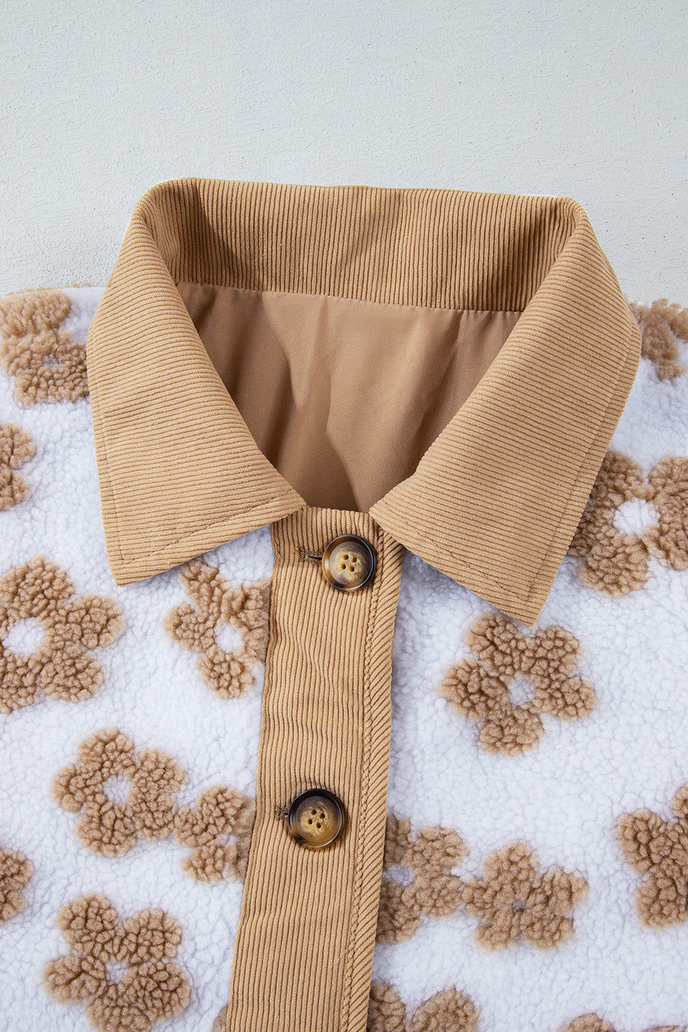Light French Beige Cute Flower Pattern Button Up Fleece Jacket - Viraxa