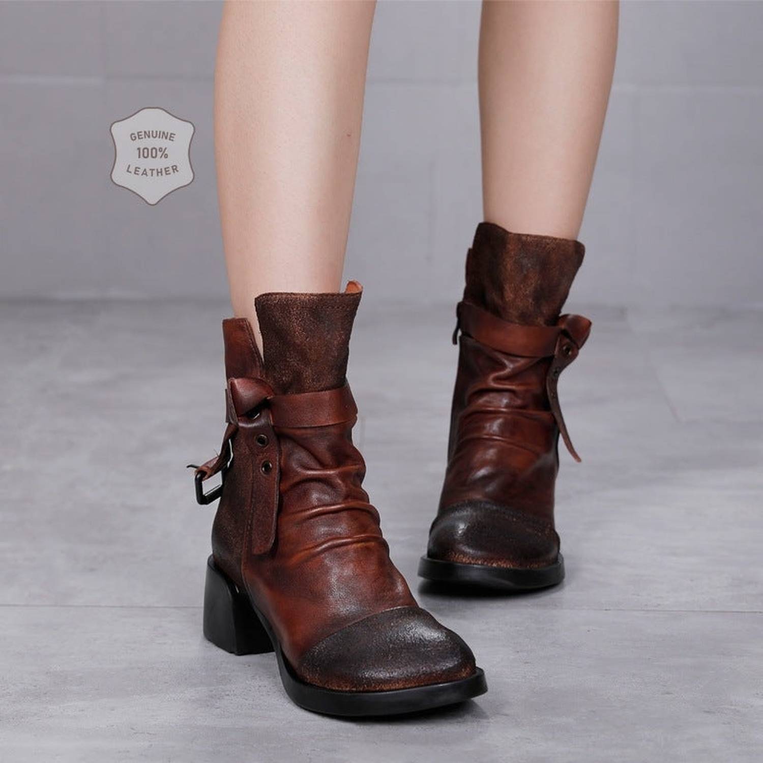 Women's Retro Chunky Heel Ankle Boots - Viraxa