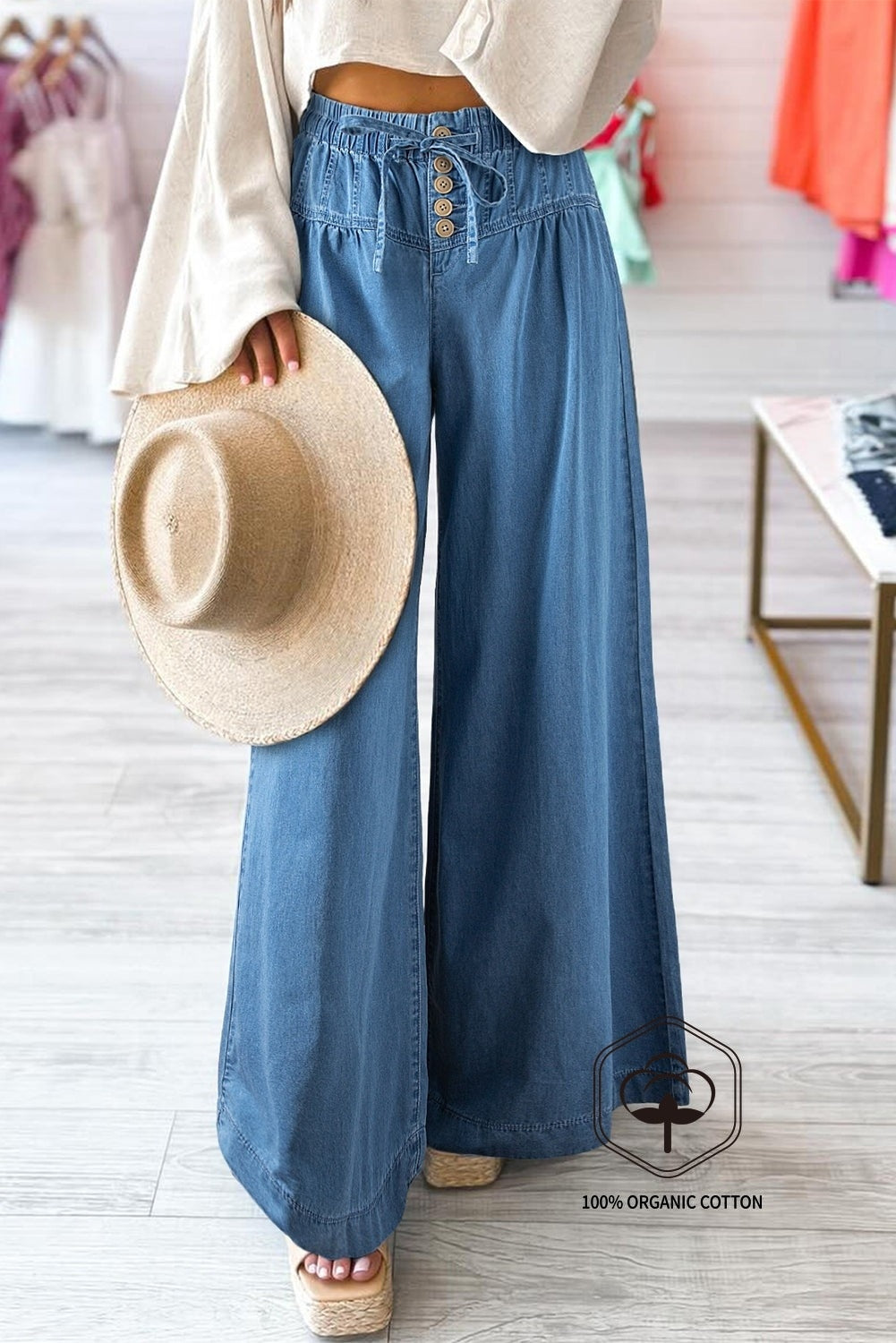 Dusk Blue Mineral Wash Button Fly Waist Wide Leg Jeans - Viraxa