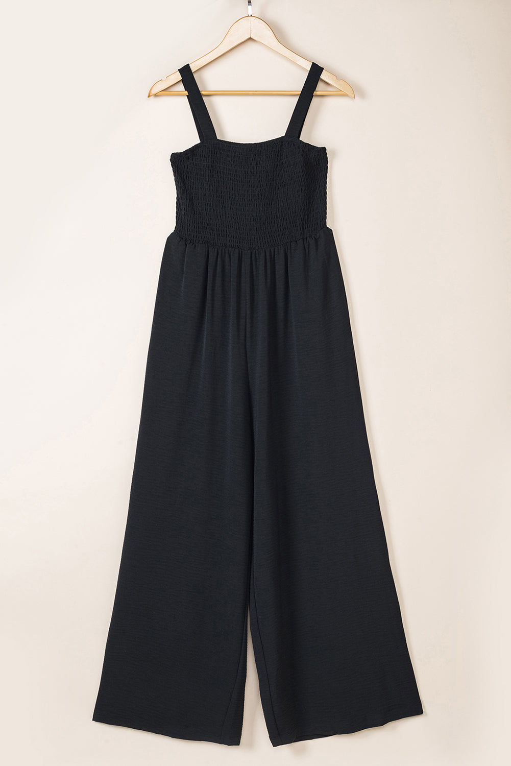Black Smocked Sleeveless Wide Leg Jumpsuit with Pockets - Viraxa