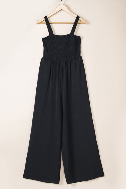 Black Smocked Sleeveless Wide Leg Jumpsuit with Pockets - Viraxa