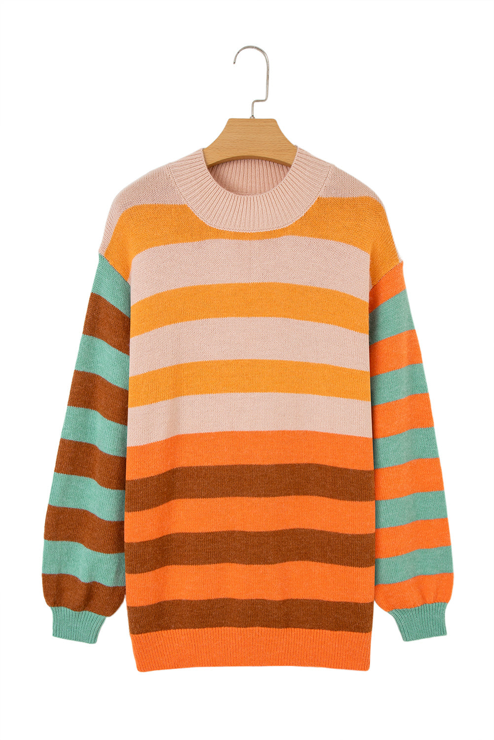 Orange Stripe Color Block High Neck Drop Shoulder Cozy Sweater - Viraxa