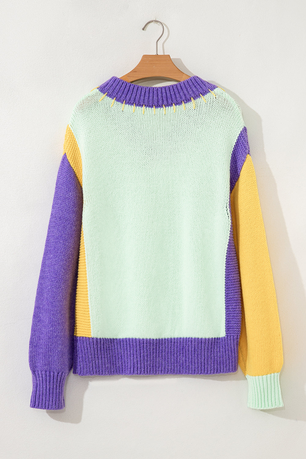Green Stitched V Neck Color Block Knitted Drop Shoulder Sweater - Viraxa