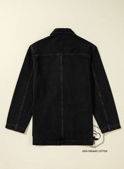 Black Side Pockets Lapel Collar Denim Jacket