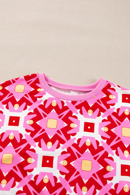 Sachet Pink Geometric Print Long Sleeve Top and Drawstring Shorts Set - Viraxa