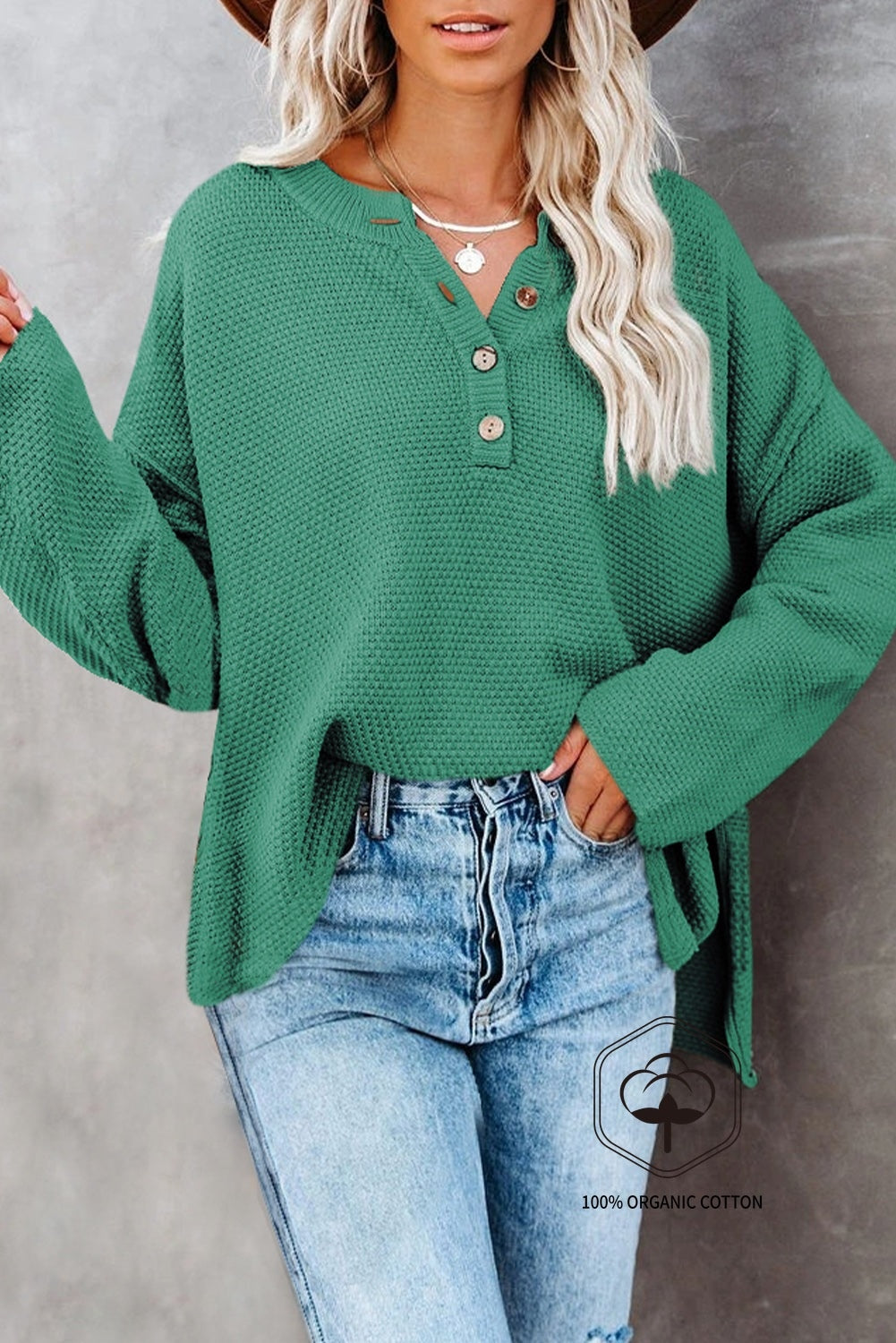 Green Henley Pullover Drop Shoulder Sweater with Slits