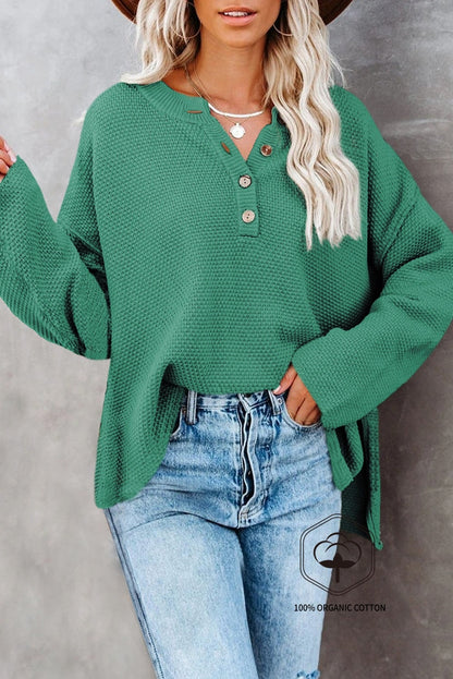 Green Henley Pullover Drop Shoulder Sweater with Slits