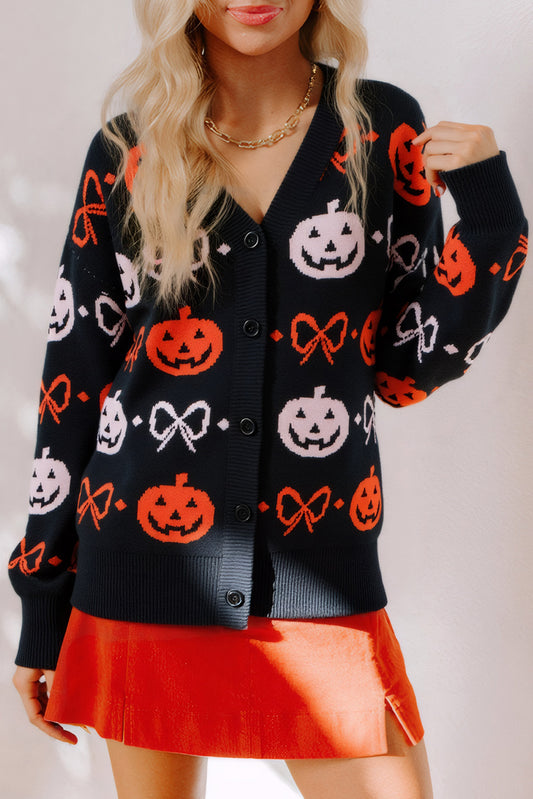Black Halloween Pumpkin Bow Knit Button V Neck Sweater Cardigan - Viraxa