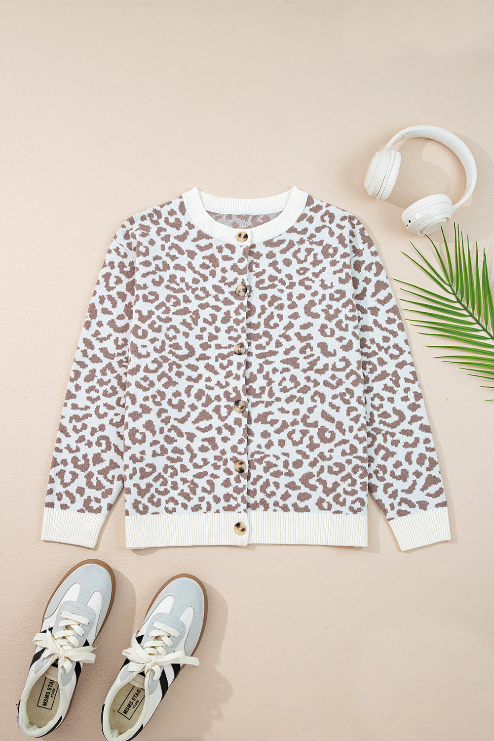 Khaki Leopard Drop Shoulder Chunky Knitted Cardigan Sweater - Viraxa