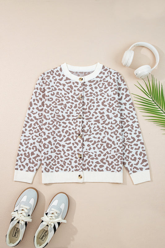 Khaki Leopard Drop Shoulder Chunky Knitted Cardigan Sweater - Viraxa