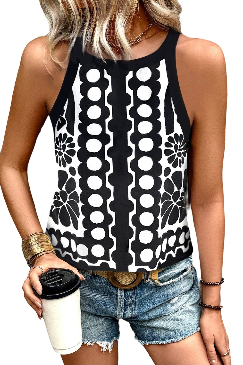 Black Abstract Dot Flower Print Tank Top - Viraxa