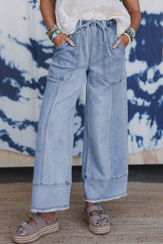 Beau Blue Drawstring Seam Detail Raw Hem Wide Leg Denim Pants - Viraxa