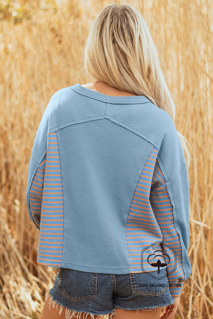 Dusk Blue Exposed Seam Waffle Striped Patchwork Baggy Pullover