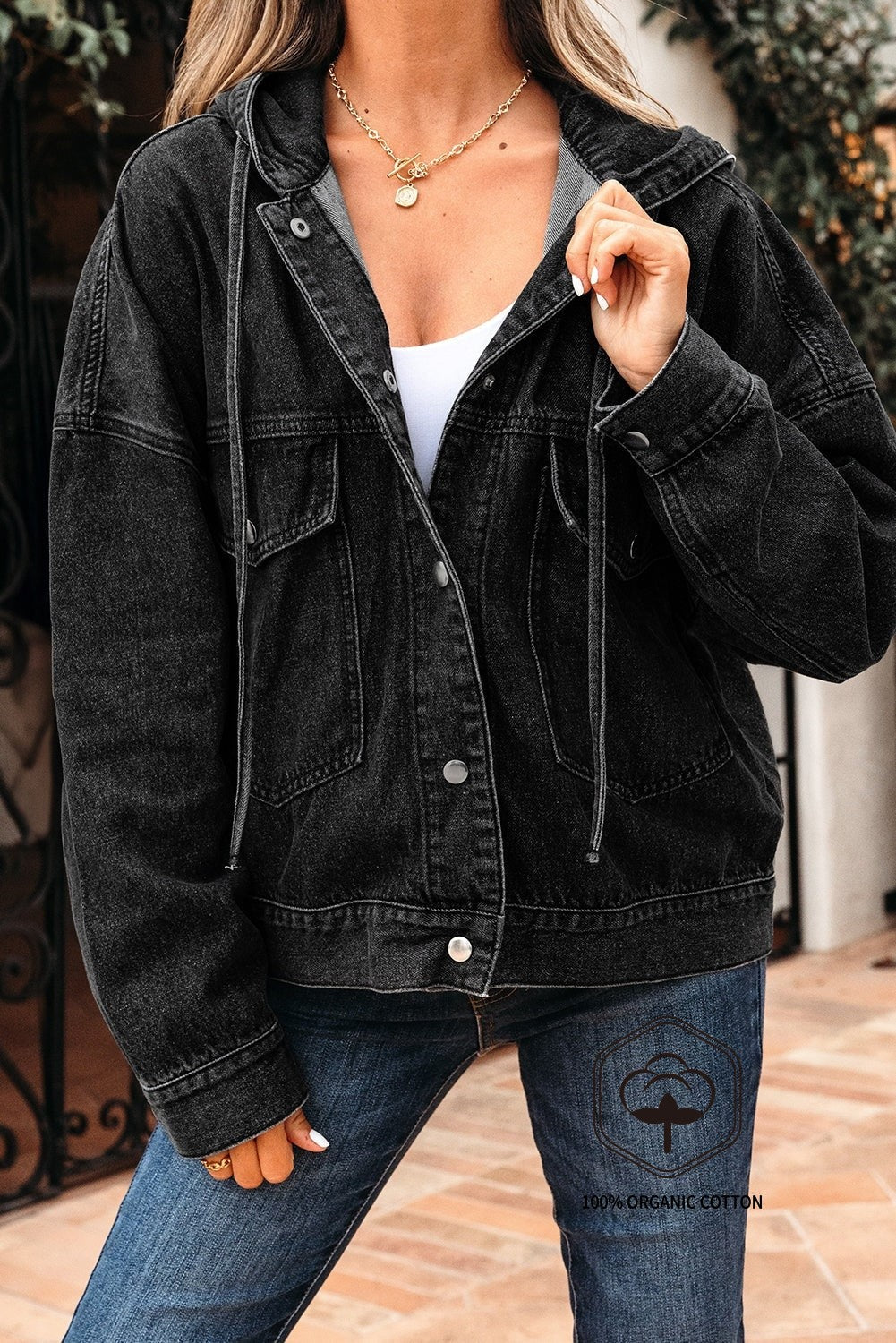 Black Big Chest Pocket Drop Shoulder Hooded Denim Jacket - Viraxa
