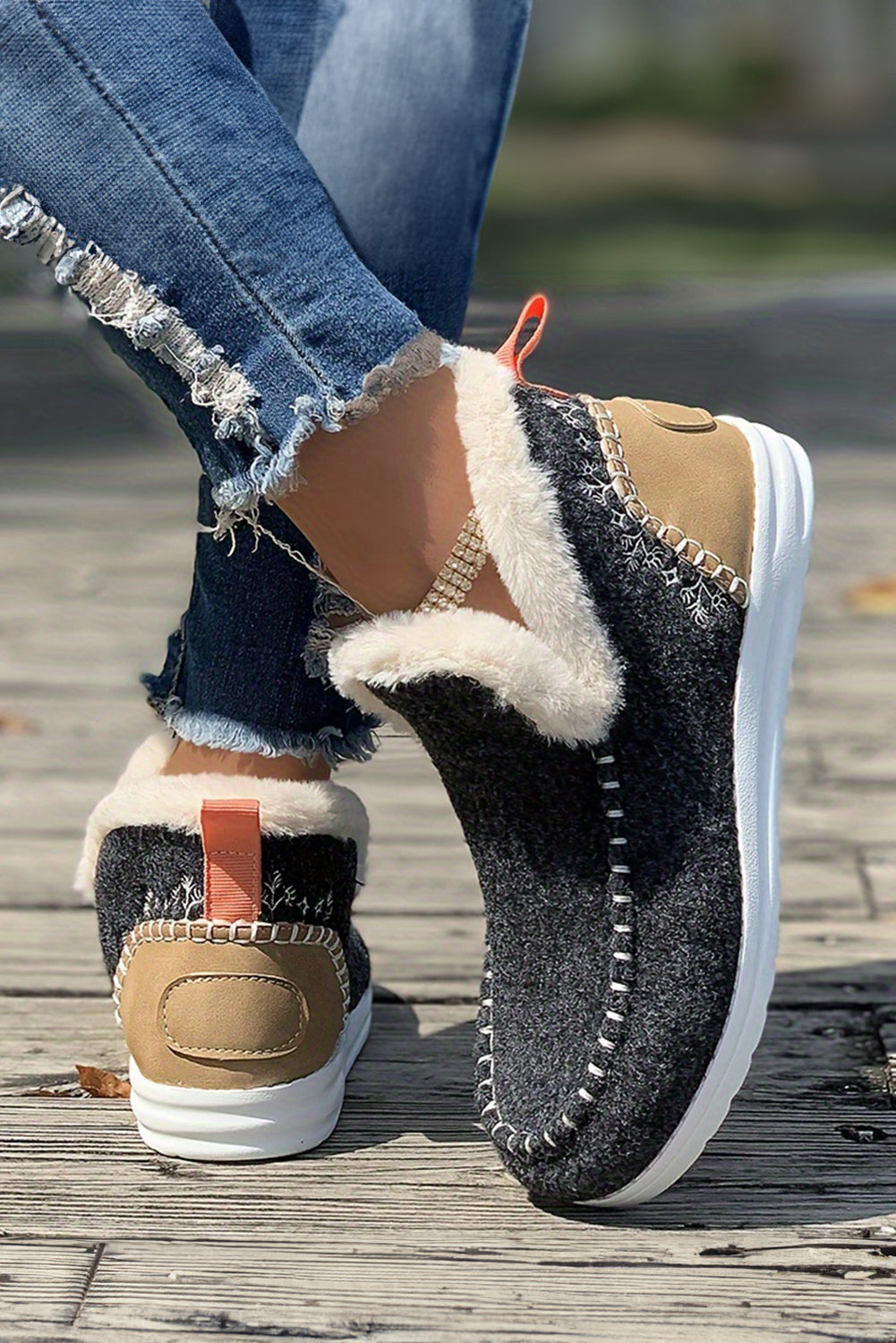 Carbon Grey Suede Stitching Patchwork Plush Lined Anklet Boots - Viraxa