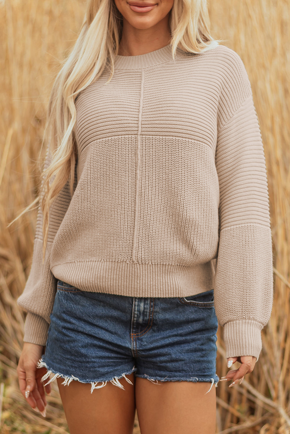 Parchment Mixed Texture Patchwork Knitted Puff Sleeve Sweater - Viraxa