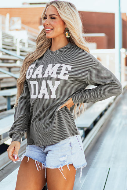 Dark Grey Corded GAME DAY Graphic Long Sleeve Crewneck Top - Viraxa