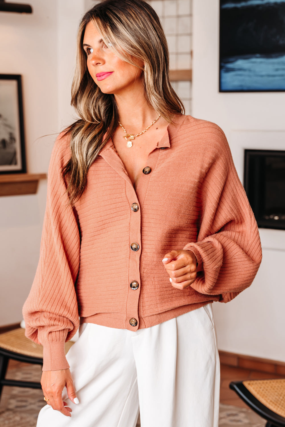 Apricot Pink Wide Rib Knit Button Front Dolman Sleeve Sweater Cardigan - Viraxa